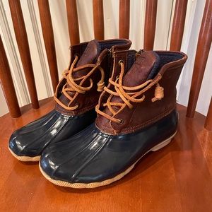 Sperry Waterproof Duck Boot in the royal blue color with brown leather.